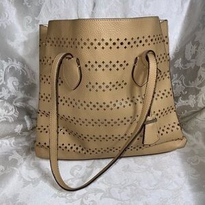 New Tan Faux Leather Perforated 3 Section Tote Purse Large